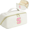 for Valentines Day Gifts, Makeup Bag for Women, PU Leather Travel Toiletry Bags, Initial Make Up Cosmetic Pouch for Teen Girls, Wide Open Portable Skincare Bag, Personalized Birthday Gifts, White S