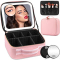 Jadazror Makeup Case with Mirror and Lights, Travel Makeup Bag with Lighted Mirror, Make up Case with LED Mirror & Adjustable Dividers, Portable Cosmetic Organizer Bag Gift for Women(Pink)