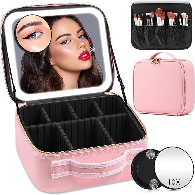 Jadazror Makeup Case with Mirror and Lights, Travel Makeup Bag with Lighted Mirror, Make up Case with LED Mirror & Adjustable Dividers, Portable Cosmetic Organizer Bag Gift for Women(Pink)