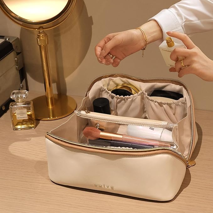 Prite Makeup Bag Travel Toiletry Bag Open Flat Cosmetic Organizer for Women