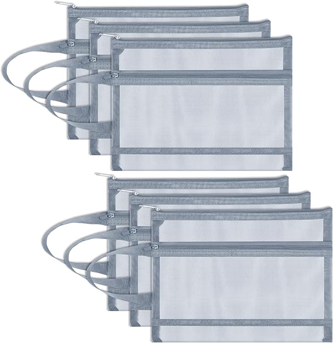 Fassave 6 Pack Mesh Zipper Pouch Bags, Double Layer Nylon Pouch with Handle for Office Travel Organization (Grey, A5)