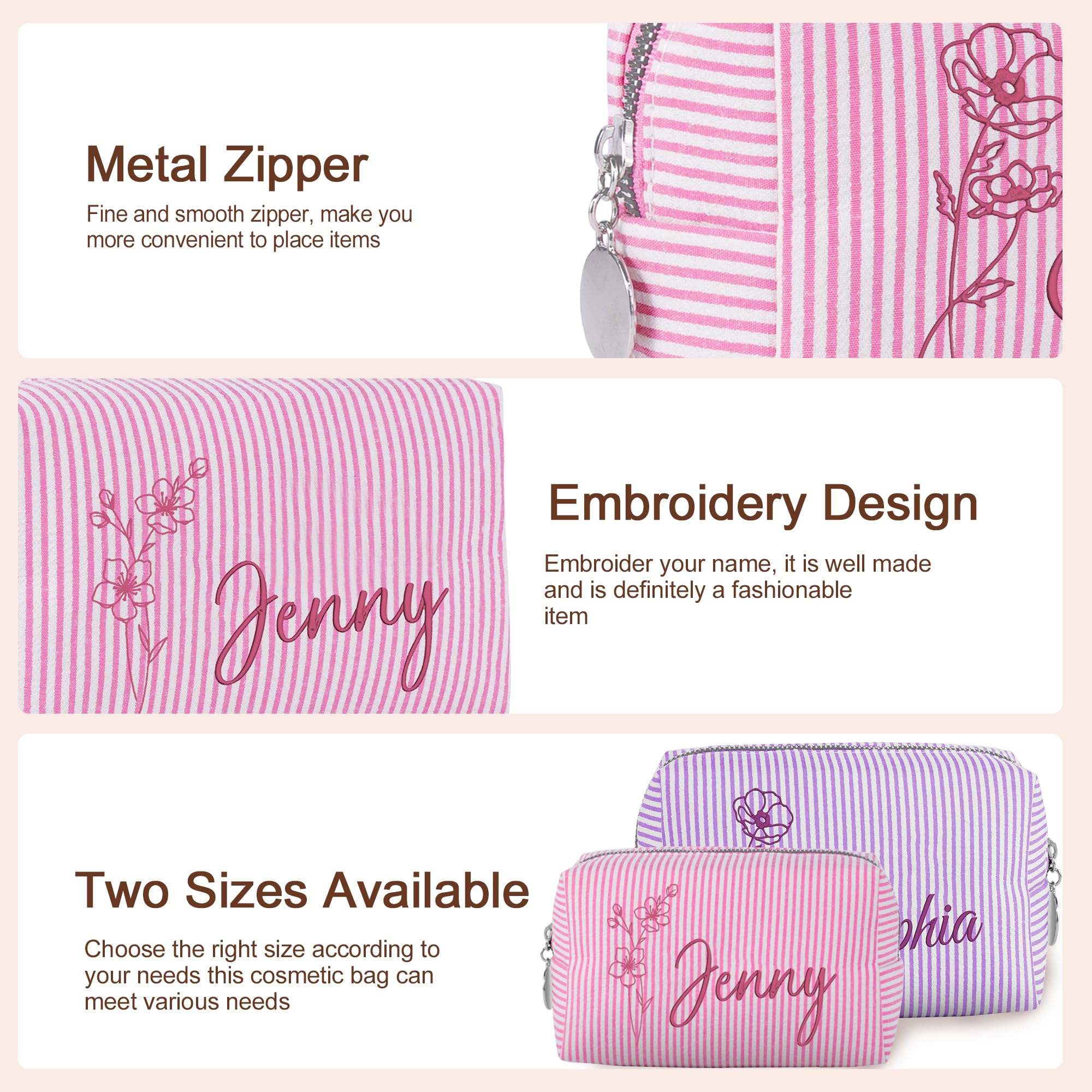 Yofair Personalized Makeup Bag with Name, Bridesmaid Gifts Large Capacity Travel Toiletry Case Custom Seersucker Cosmetic Bags Wedding Birthday Gifts for Girls Women