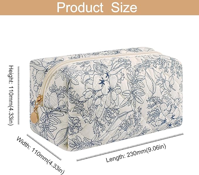 HHQQWZ Makeup Bag Travel Cosmetic Bag for Women Girls, Zipper Make Up Pouch, Floral Flowers Toiletry Organizer Makeup, Portable Storage Bag, Cosmetic Travel Cloth Bag (Blue Floral+Navy Blue Flower)