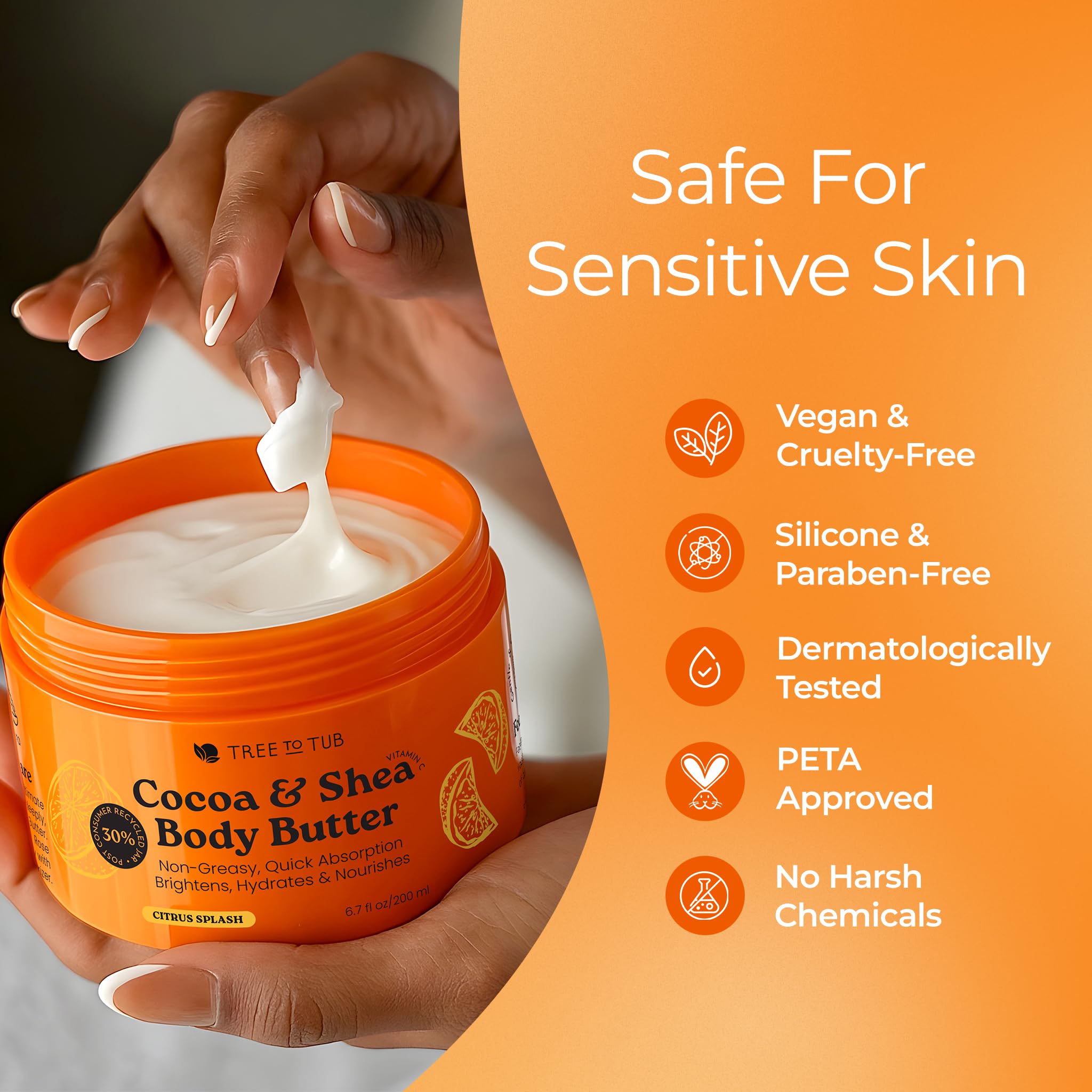 Tree To Tub Shea Body Butter for Dry, Extremely Dry, Sensitive Skin - Moisturizing Body Cream for Women & Men, Hydrating Body Lotion Moisturizer w/Vitamin C, Organic Cocoa, Citrus Scent