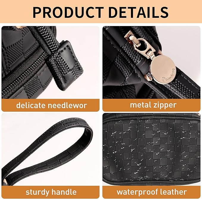 Abiudeng Large Makeup Bag for Women,Travel Makeup Organizer with Brush Holder, Dopp Kit Essentials,Waterproof Checkered Cosmetic Bag for Traveling,Multi Compartment,Cute,Spacious Capacity-Black