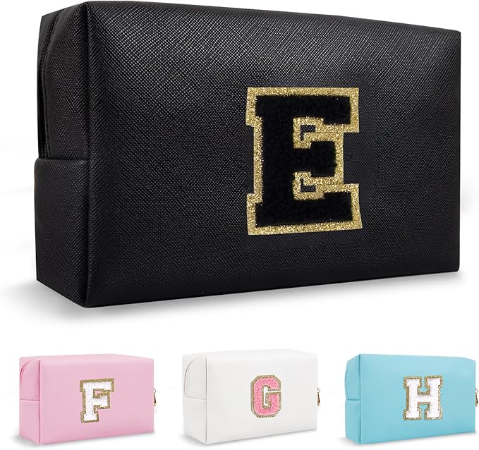Personalized Chenille Letter Preppy Makeup Bag, Small Initial Black Travel Cosmetic Organizer Toiletry Pouch Monogram Makeup Storage, Waterproof Make Up Case Travel Essentials for Women Her(Letter E)