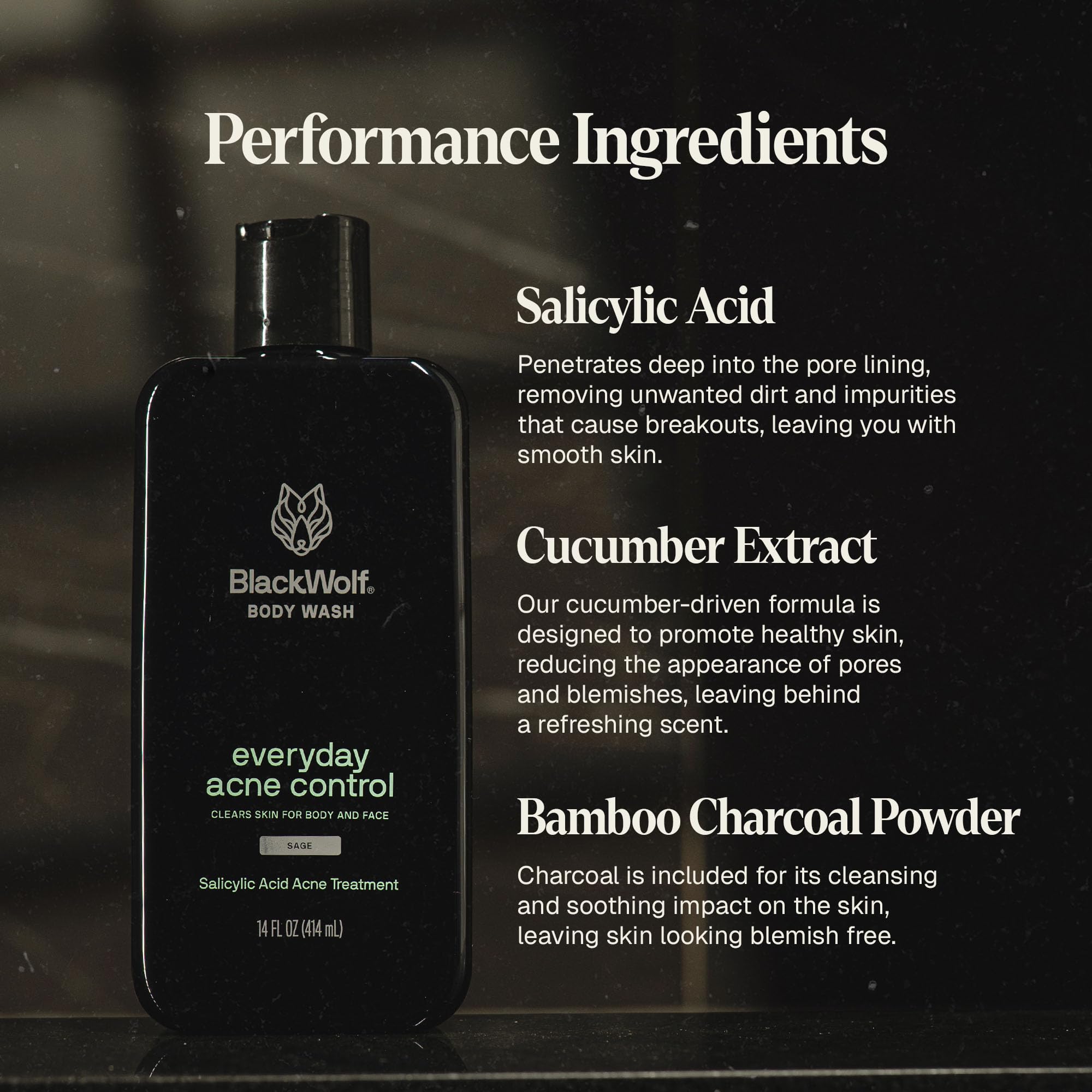 Black Wolf Salicylic Acid Body Wash for Men - Acne Face Wash, 14 Fl Oz