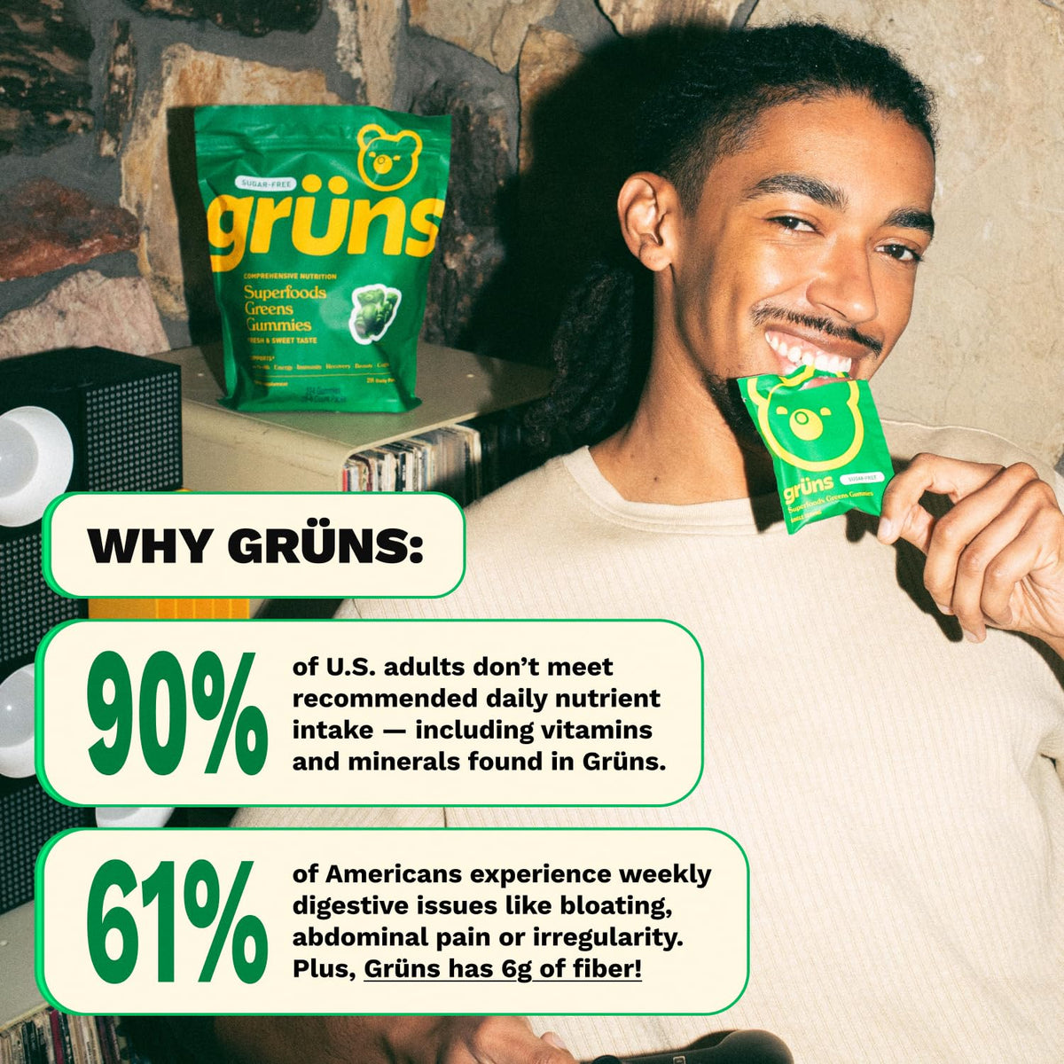 Gruns Adult Greens Gummies & Daily Multivitamin, Prebiotic Fiber, 28 ct