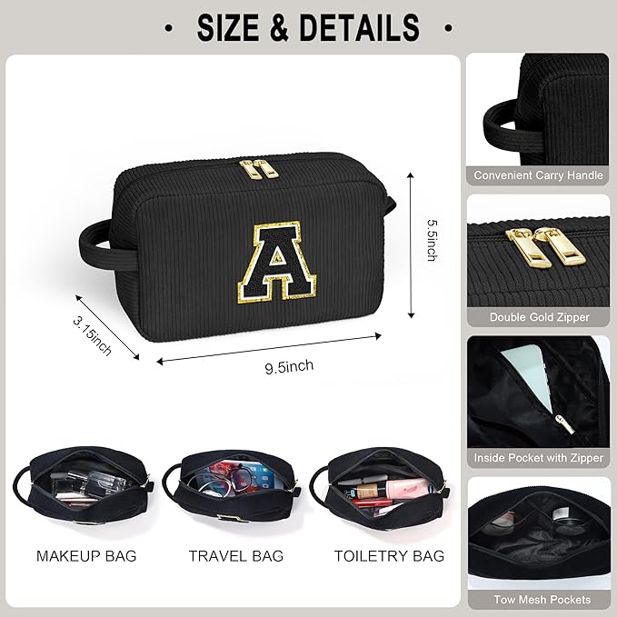 YOOLIFE Black Cosmetic Bags for Women - Initial Travel Makeup Bag with Small Makeup Brush Bag Travel Essentials Corduroy Makeup Bag Bridesmaid Proposal Gifts Granddaughter Gifts for Women Letter K