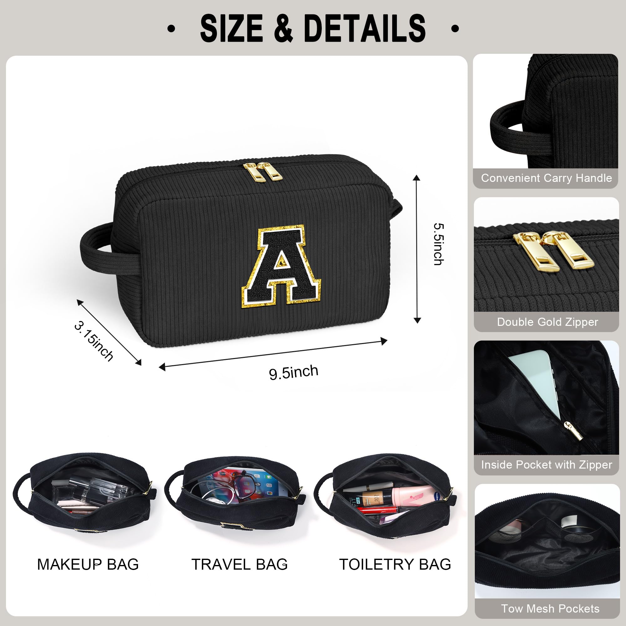 YOOLIFE Women Gifts Travel Makeup Bag - Initial Cosmetic Bag Cute Makeup Bag Travel Essentials Makeup Brush Bag Small Black Girls Makeup Bag Personalized Gifts for Women Her Teen Girl Black Letter A