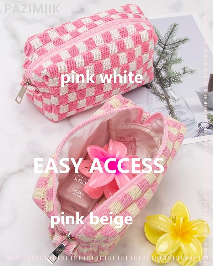 Checkered Makeup Bag for Purse, Small Travel Cosmetic Pouch,Pink Beige