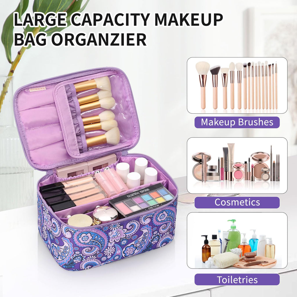 OCHEAL Makeup Bag - Portable Large Capacity Travel Cosmetic Case for Women with Handle and Divider Toiletry Organizer for Girls on the Go -Purple