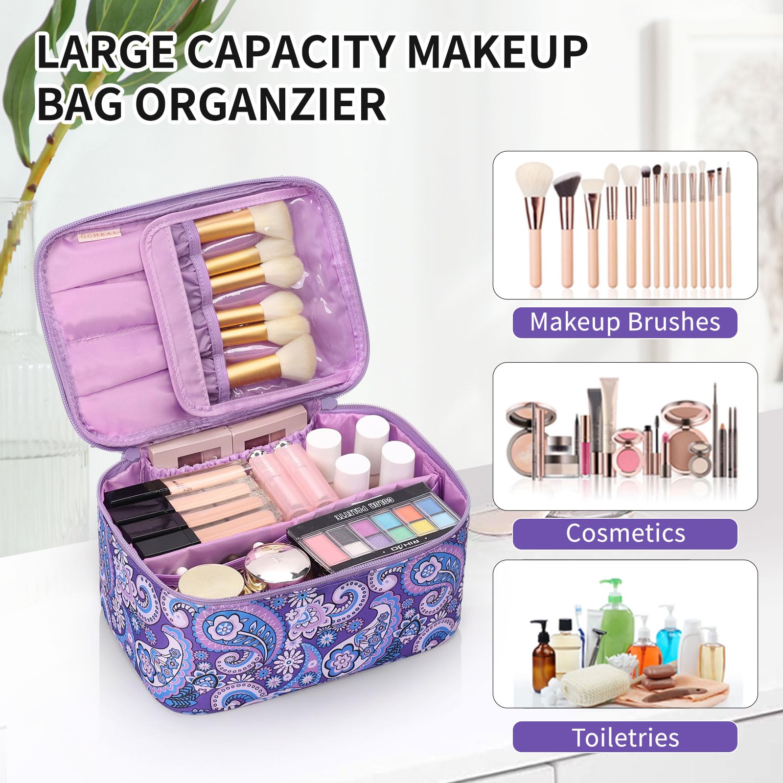 OCHEAL Makeup Bag - Portable Large Capacity Travel Cosmetic Case for Women with Handle and Divider Toiletry Organizer for Girls on the Go -Purple