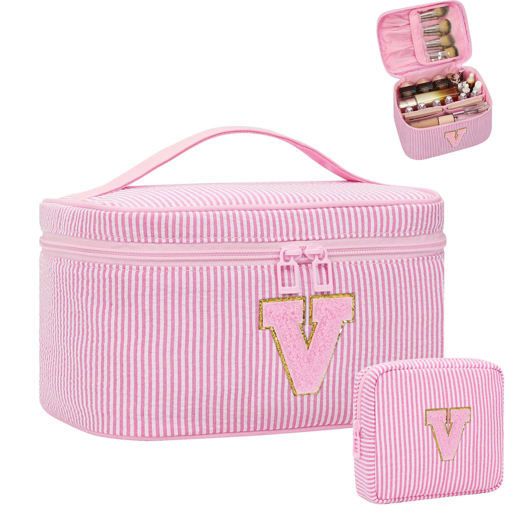 MONSTINA Personalized Initial Makeup Bag Set for Girls&Women,Personalized Make Up Case for Girlfriend Graduation Teacher Gifts,Cute Toiletry Bag Preppy Chenille Letter Patch,2PCS,Pink V