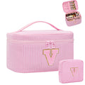 MONSTINA Personalized Initial Makeup Bag Set for Girls&Women,Personalized Make Up Case for Girlfriend Graduation Teacher Gifts,Cute Toiletry Bag Preppy Chenille Letter Patch,2PCS,Pink V