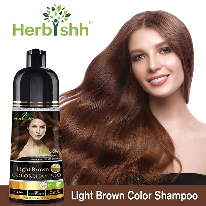 Herbishh Color Shampoo for Gray Hair Coverage (Light Brown) –Hair Dye 3-in-1 Shampoo- Colors in Minutes – Lasts Up To 2-3 Weeks – 500 mL – Ideal for Men & Women