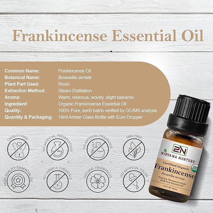 Nirvana Nurture Frankincense Essential Oil, USDA Certified Organic, 100% Pure Undiluted, Aromatherapy Oil for Diffuser, Hair & Skin Care