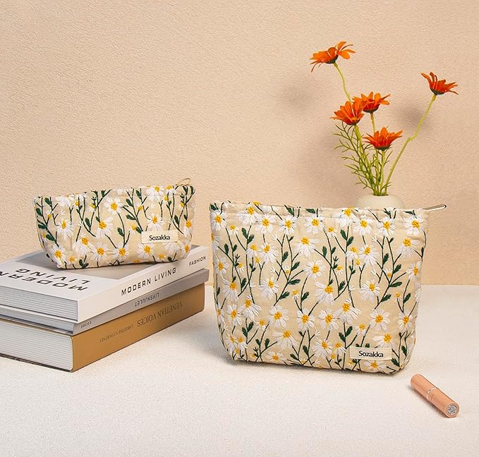 getgto 2 Pcs Makeup Bags, Large Cosmetic Bag Travel Toiletry Bag Organizer for Women, Embroidery Craft, Floral Makeup Bag Small Cosmetic Pouch Purse with Zipper Gifts for Girls Teen