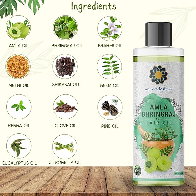 AYURVEDASHREE Hair Oil, 200 ml with Amla, Bhringraj, Brahmi, Methi, Shikakai, Neem, Henna, Pine, Clove, Eucalyptus & Citronella Oil