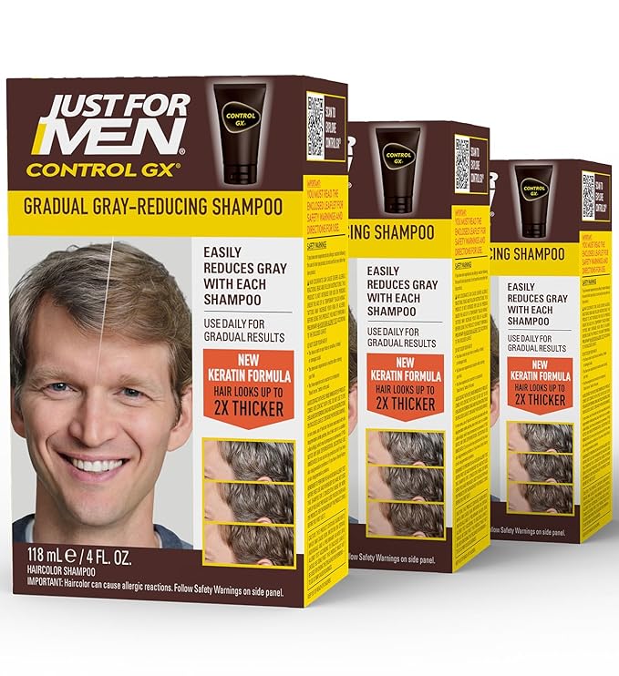 SHAMPOO Just for Men Control GX Grey Reducing for Lighter Shades of Hair, Blonde to Medium Brown, Gradual Hair Color with Keratin, 4 Fl Oz - Pack of 3