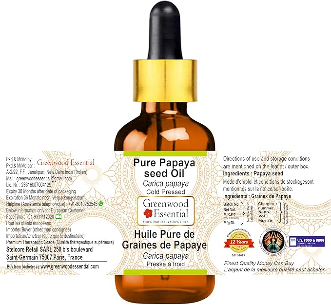 Greenwood Essential Pure Papaya Seed Oil (Carica Papaya) with Glass Dropper Cold Pressed (Pack of Three) 100ml X 3 (10 oz)
