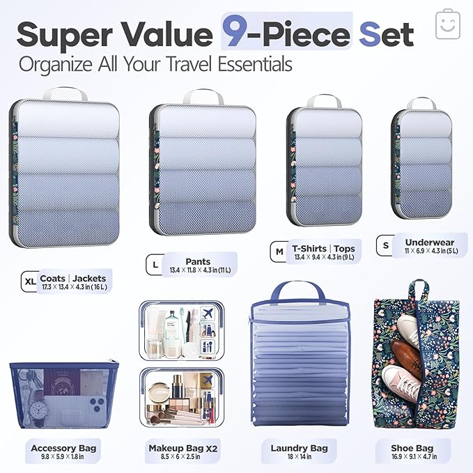 Veken 9/11 Set Compression Packing Cubes Garment Bags for Travel Essentials,Compressible Expandable Luggage Organizer Bags,Space Saver Bags with Over 1000 pcs of Mesh Holes(Dark Blue Floral)