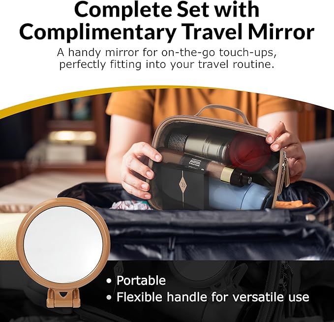 Clear Makeup Bag Set, Travel Cosmetic Bags with Transparent TPU Front, 3PCS (Large & Small Pouches + Compact Mirror), Saffiano PU Leather Toiletry Organizer for Women, Nude