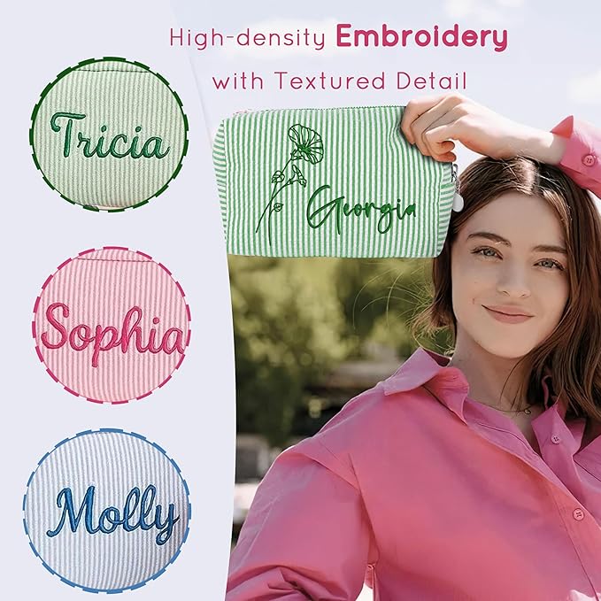 DayOfShe Personalized Makeup Bag Embroidered with Name&Birth Flower, Personalized Birthday Bridesmaids Gifts for Women Teen Girls,Custom Seersucker Cosmetic Toiletry Travel Make Up Bags