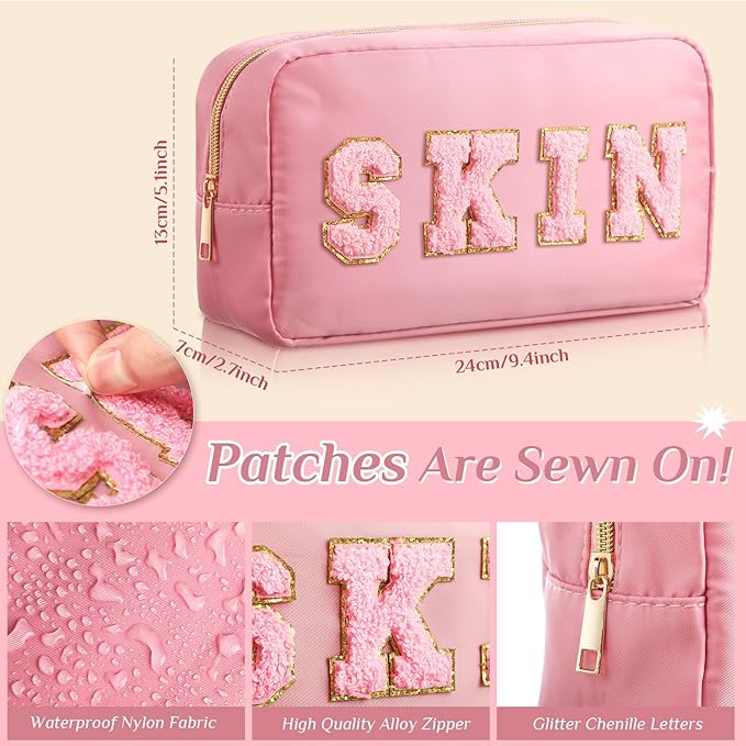 Remerry 4 Pcs Nylon Makeup Bags Waterproof Spacious Travel Cosmetic Bag for Women Chenille Letter Preppy Zipper Pouch Face Stuff Skin Hair Organizer Gift(Light Brown, Beige, Light Pink, White)