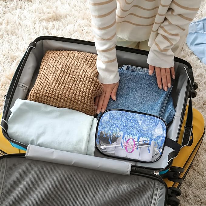 KFNHN Personalized Travel Transparent Cosmetic Bag Waterproof Makeup Bags, Custom Name Light Sky Blue Curtain Glittering Romantic Organizer Case Clear Toiletries Container Bag