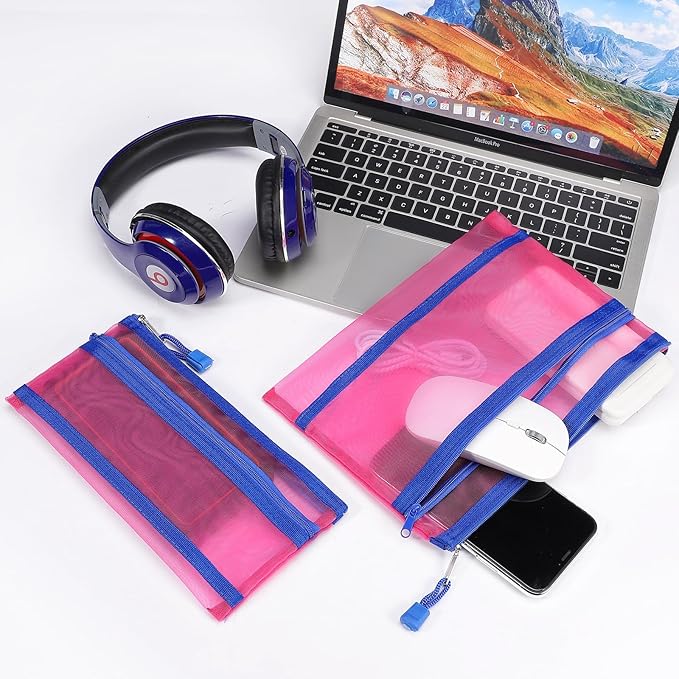 Sinzip 12 Pieces Zipper Nylon Mesh Pouch, Mesh Cosmetic Bags Makeup Bags Pencil Case, Multipurpose Travel Bags for Cosmetic School Office Supplies and Travel Accessories (2 Layers-Hot Pink, A5)