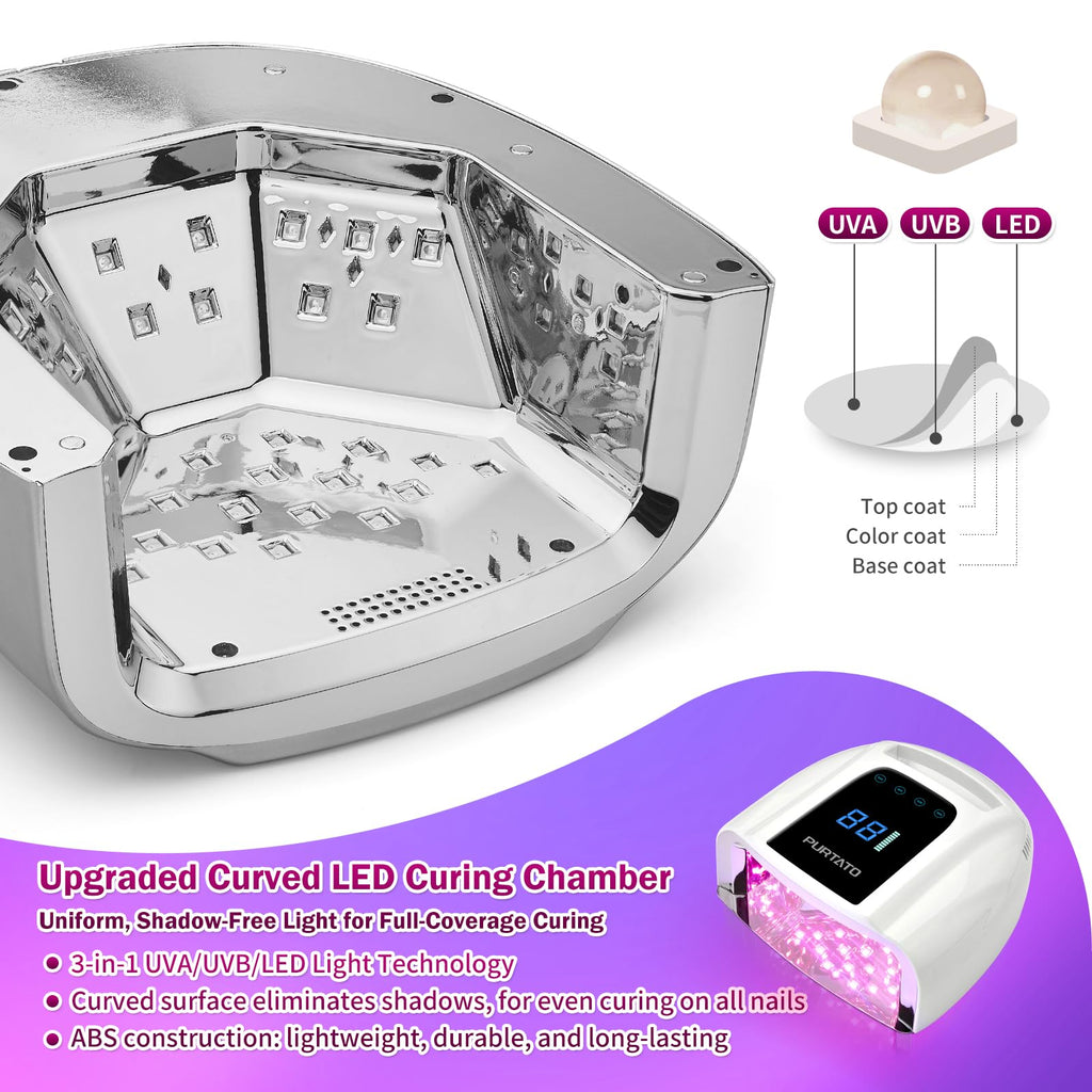 PURTATO Professional Rechargeable 96W UV LED Portable Cordless UV Light for Nail Lamp Machine with Removable Stainless Steel Bottom,4 Timer Setting and Smart Sensor Nail Dryer (White)