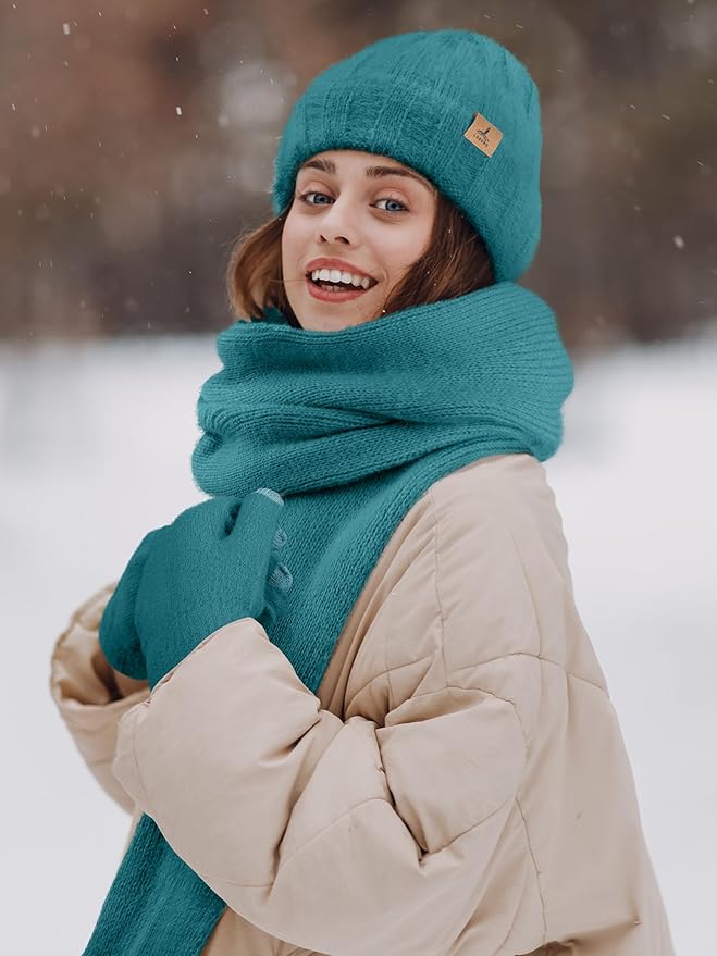 LOROME Winter Beanie Hat Gloves Scarf, Cashmere Hat Gloves Scarf Set Women