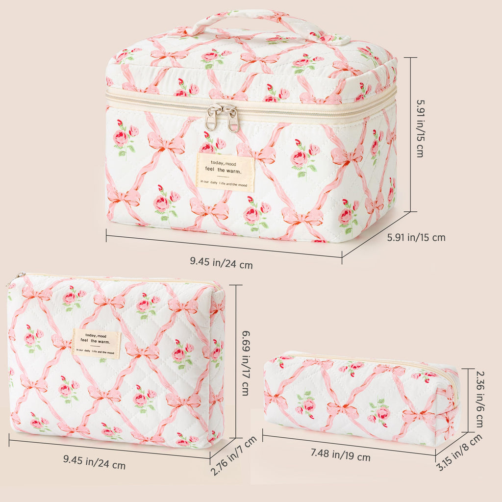 HBselect Quilted Makeup Bag, 3Pcs Cotton Large Travel Makeup Bags Organizer