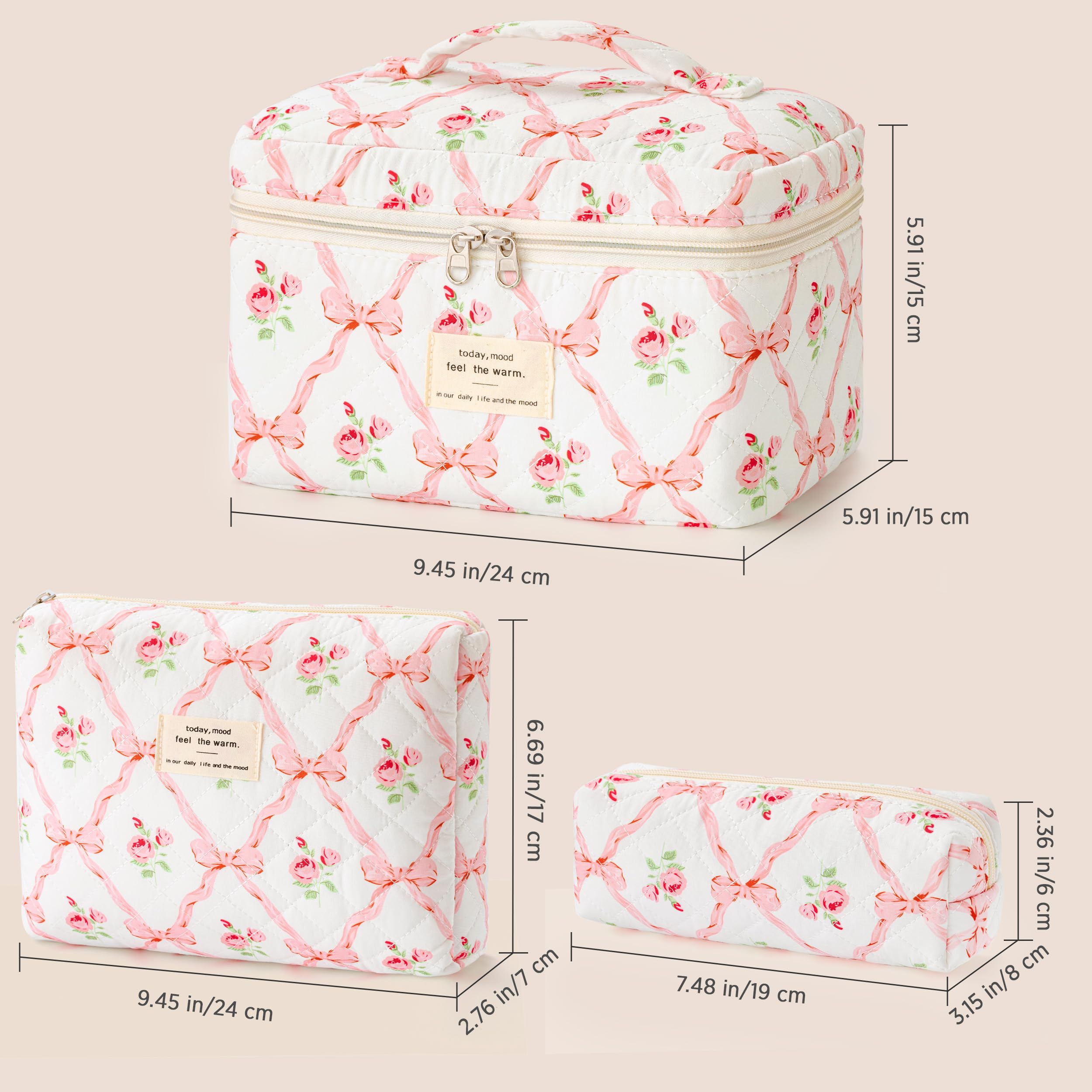 HBselect Quilted Makeup Bag, 3Pcs Cotton Large Travel Makeup Bags Organizer