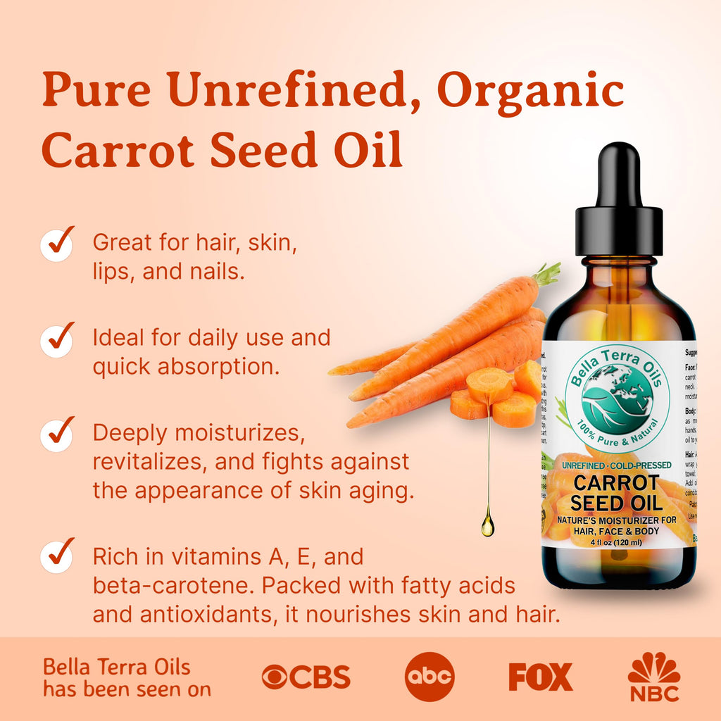 Bella Terra Oils - Organic Carrot Seed Oil 2 oz - Cold-Pressed Elixir, Abundant in Vitamin A & E, Beta-Carotene Richness, Ideal for Nourished Skin Radiance