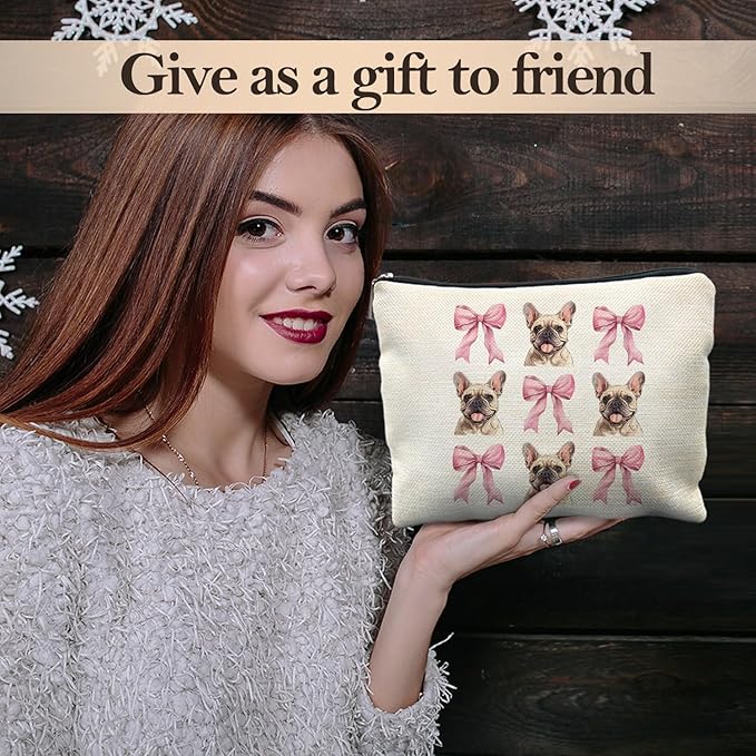 Likjad French Bulldog Makeup Bag, Coquette Pink Bow Frenchie Dog Cosmetic Bags for Women, French Bulldog Gifts Makeup Pouch, Frenchie Mom Gifts Zipper Pouch