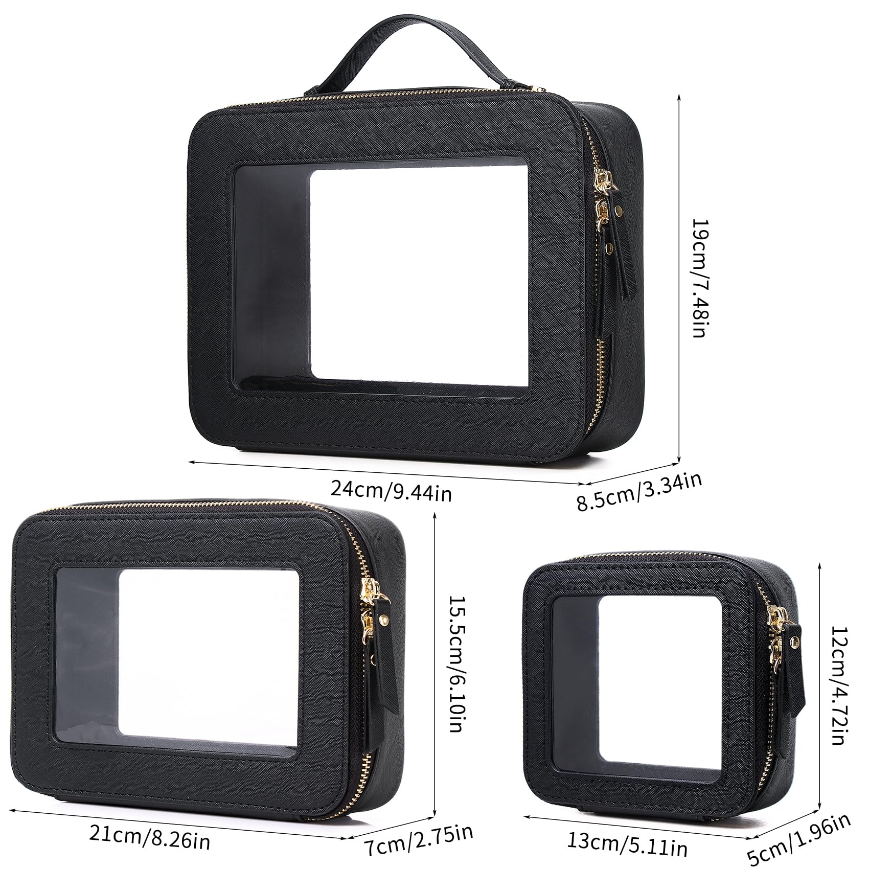 Pinkmik Clear Makeup Bag Waterproof Travel Case for Cosmetics and Toiletries Women's Purse Organizer and Clear Car Bag with Zipper (Black, L+M+MINI)