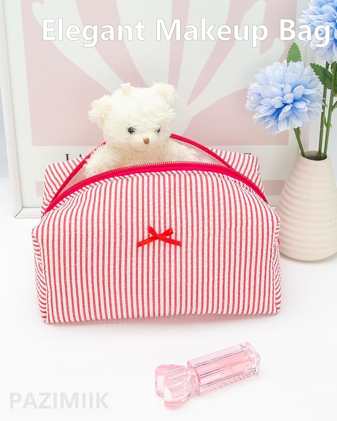 PAZIMIIK Cozy Makeup Bag for Women,Zipper Cosmetic Pouch,Stripe Red,2 Pack
