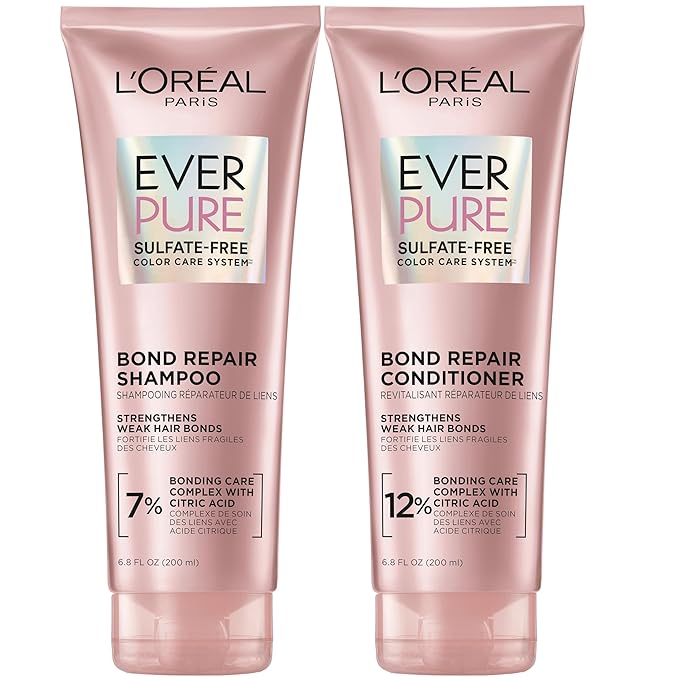 L'Oreal Paris Sulfate Free Bond Repair+ Shampoo and Conditioner Set with Bond + Amino Acid Complex, Strengthens and Repairs Damaged or Color Treated Hair, EverPure, 13.6 Fl Oz Set (Packaging May Vary)