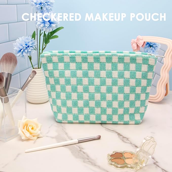Checkered Makeup Bag for Purse, Small Flat Cosmetic Pouch,Arctic Blue