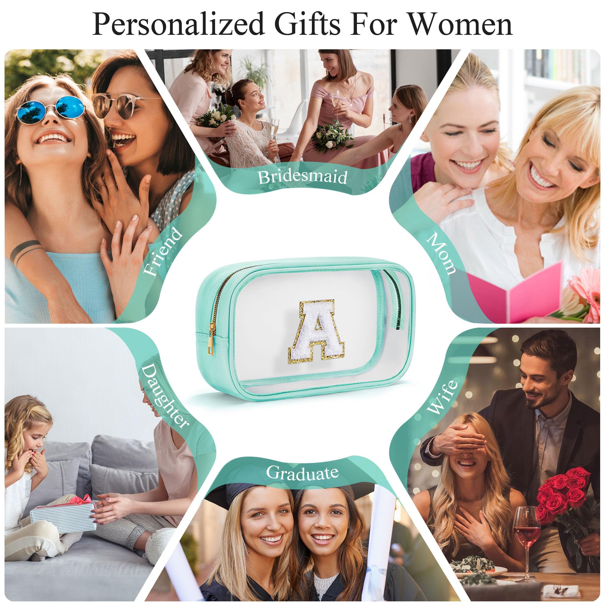 YOOLIFE Initial Clear Makeup Pouch, Clear Makeup Bag Cosmetic Travel Beach Toiletry Bag Travel Essentials Gifts for Women Teen Girlfriend Teacher Mom Birthday Gift for Women Teen Zipper Pouch Blue A