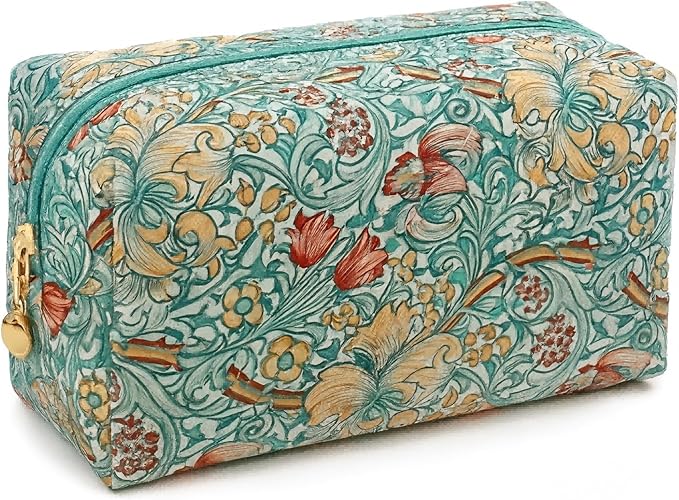 OIMEI Floral Quilted Pouch Cotton Makeup Bag for Women, Large Capacity Travel Cosmetic Pouch with Zipper, Cute Toiletry & Brush Organizer, Kawaii Makeup Storage Case – Garden Light Blue