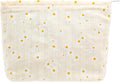 Flat Makeup Bag for Women,Zipper Cosmetic Pouch for Purse,Daisy Beige