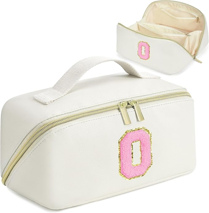 for Valentines Day Gifts, Makeup Bag for Women, PU Leather Travel Toiletry Bags, Initial Make Up Cosmetic Pouch for Teen Girls, Wide Open Portable Skincare Bag, Personalized Birthday Gifts, White O