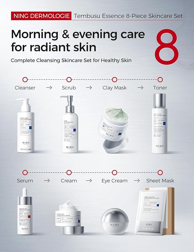 NING DERMOLOGIE Korean Skin Care Set Anti Aging: 8-Step Tembusu Essence Skincare Gift Set for Women - Complete Facial Care Kit for Cleansing, Exfoliating, Masking & Moisturizing