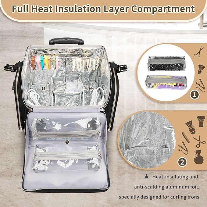 Large Makeup Train Case for Hairstylists & Hairdressers - Cosmetic Organizer with Detachable Pouch, Heat-Insulated & Anti-Scald Full Layer, Hairdressing Tool Storage Trolley with 4 360 Swivel Wheels