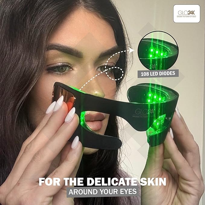 GLO24K LED Eye Mask with 7 Color Modes - Rechargeable Red Light Beauty Mask with 108 LEDs, Lightweight Face Light Mask for Under-Eye Area and Radiant-Looking Skin