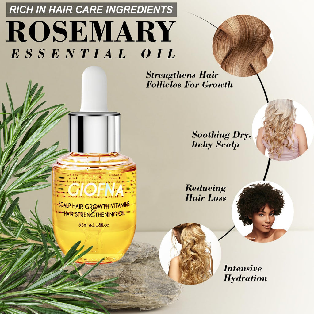 GIOFNA Hair Oil, Rosemary Serum with Bamboo Brush for Frizzy, Damaged Hair Growth Strengthening, Scalp and Argan Care for Women and Men