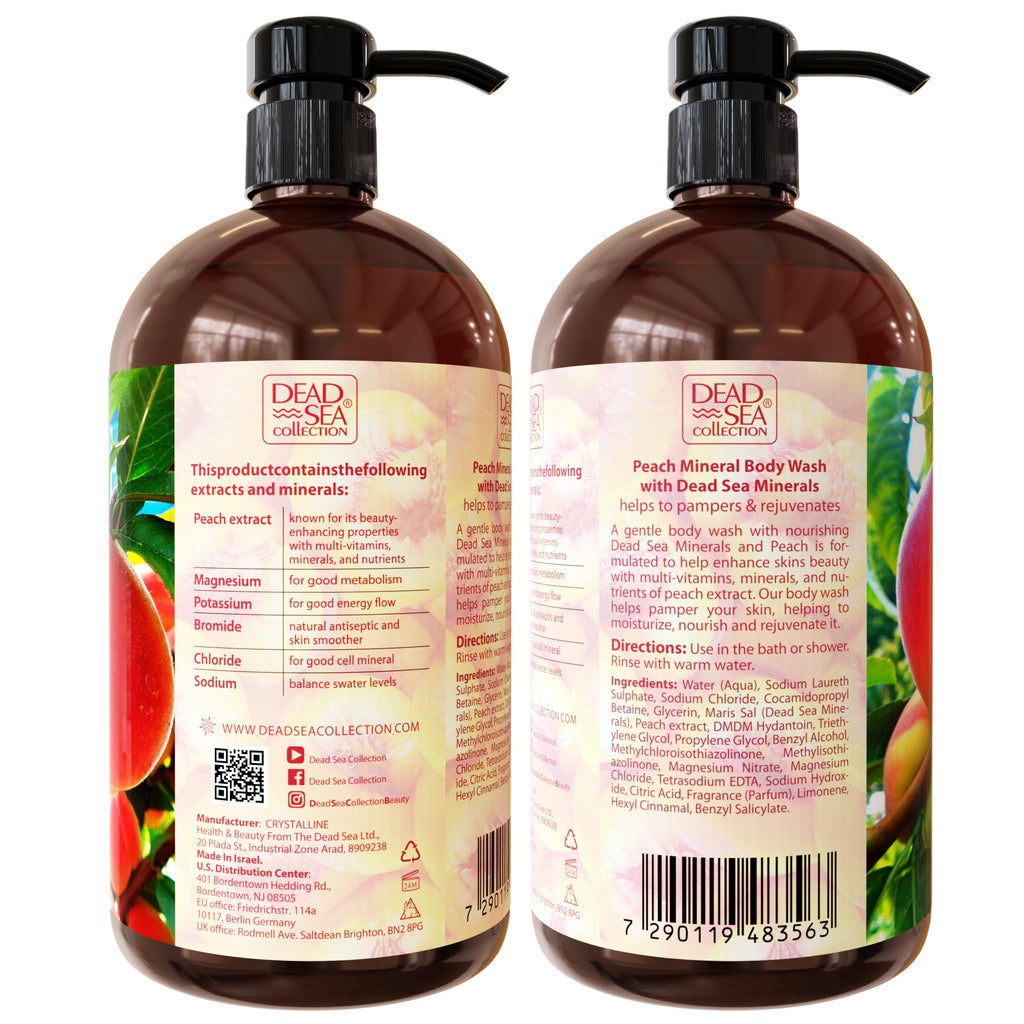 Dead Sea Collection Peach Body Wash for Women and Men - with Pure Dead Sea Minerals and Peach Extract - Cleanses and Moisturizes Skin - Pack of 2 (67.6 fl. oz)